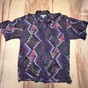Vintage JAB 100% Silk Short Sleeve Button‎ Shirt XL Southwestern Aztec Print 90s